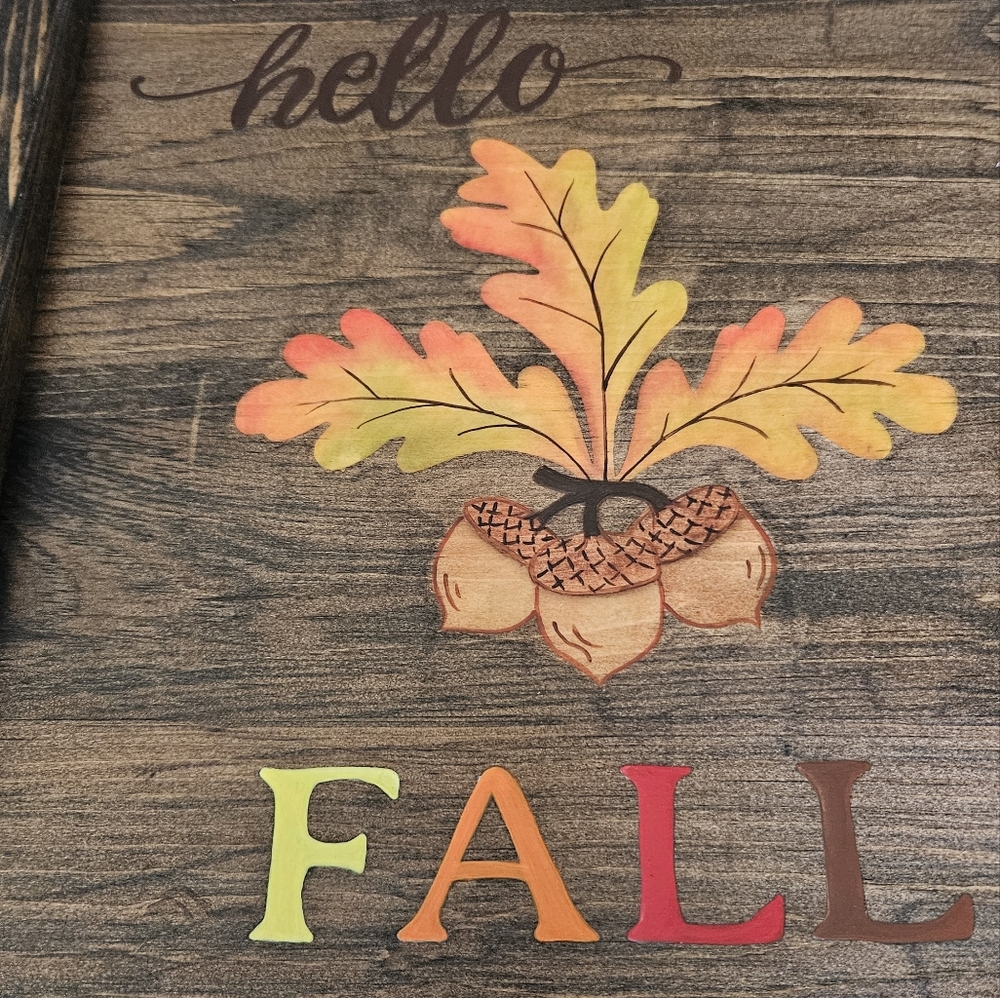 Hello Fall Wooden Sign with Acorn and Leaf Design